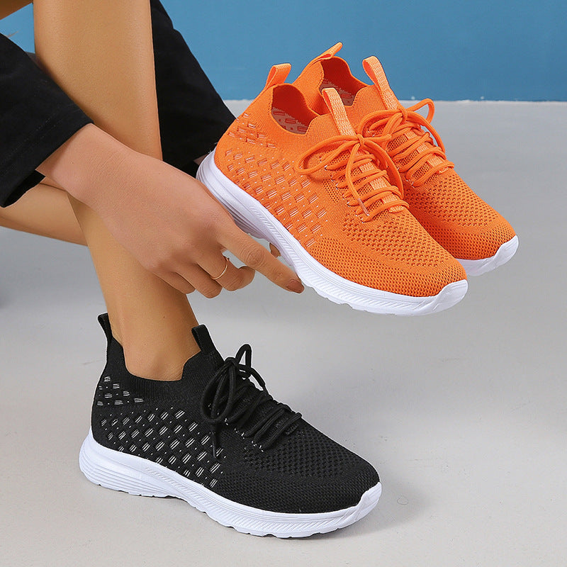 loveccr Cross-Border Wish plus Size Sports Casual Shoes for Women Spring Thick Bottom Solid Color Front Lace-up Flying Woven Slip-on Lazy