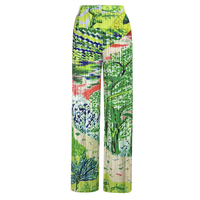 spring niche temperament tree-painted printing small V-neck short-sleeved top women's casual trousers pleated suit women's