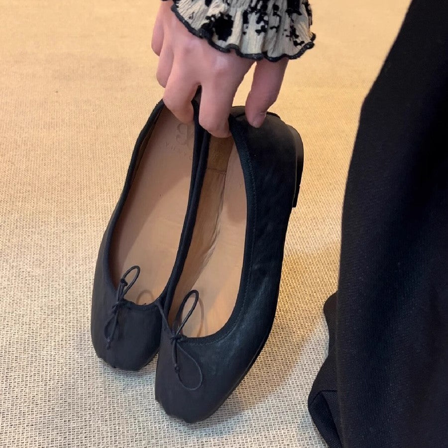 2025 Cowhide version~ Leather ballet shoes for women to wear bows, temperament, shallow mouth flat sole shoes, retro grandma shoes