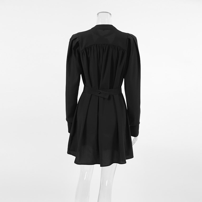 2025 popular Autumn Temperament V-Neck Bubble Sleeve Design Sense Dress Black Long Sleeve Chiffon Short Skirt Women's Clothing