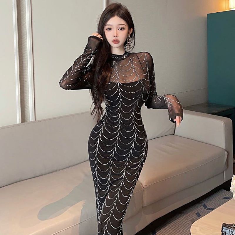 LOVERCCR 0352 Southeast Asia Foreign Trade Wholesale Women's Clothing Sexy Socialite Mesh Hot Drilling Long Dress Dress