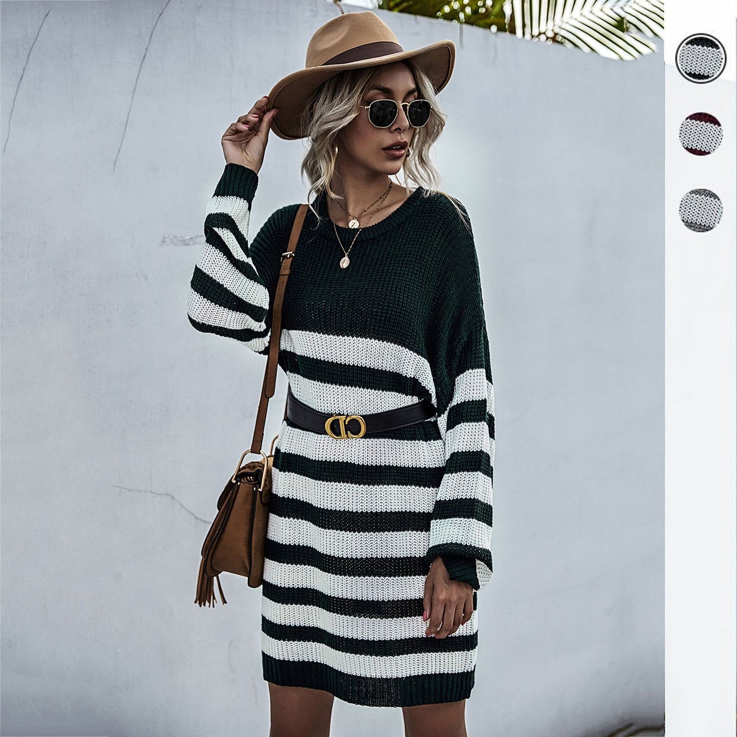 LOVECCR popular autumn and winter New 2025 striped knitted sweater women's loose lazy style medium and long thick needle sweater skirt