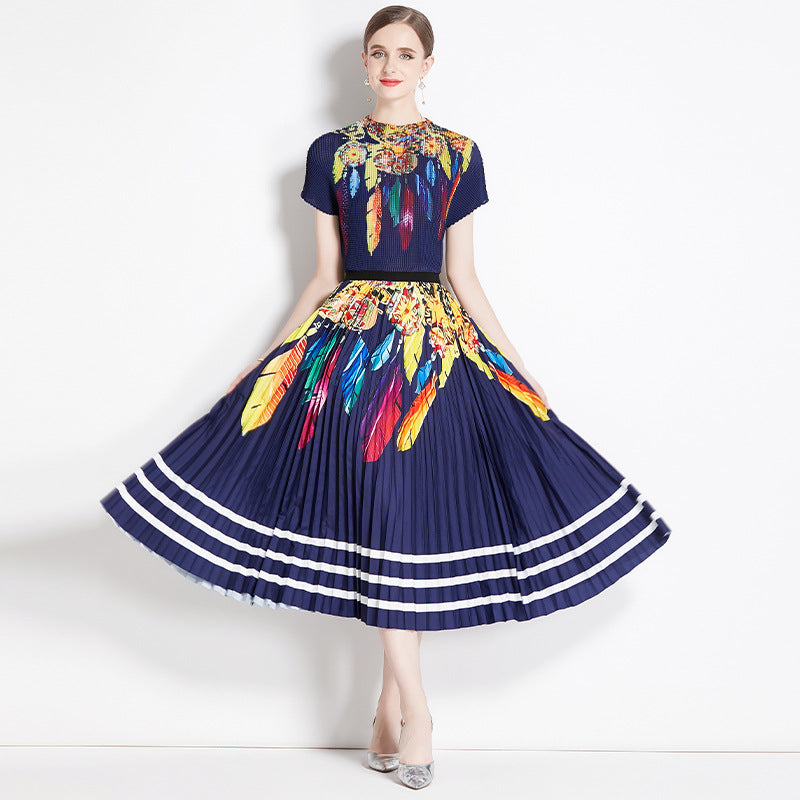 new pleated suit women's short-sleeved printed T-shirt skirt fashion temperament two-piece suit women