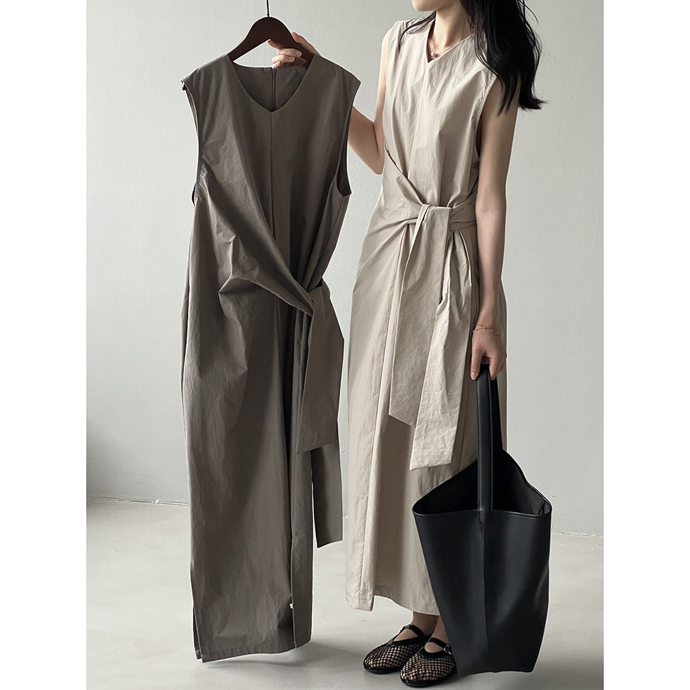 Yan Shuangfu Waist Belt Sleeveless Dress Summer New Design Sense Tea Break A- line Dress 9098