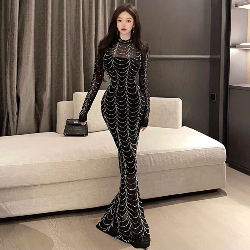LOVERCCR 0352 Southeast Asia Foreign Trade Wholesale Women's Clothing Sexy Socialite Mesh Hot Drilling Long Dress Dress