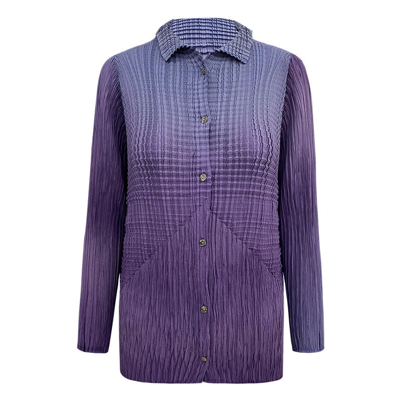 spring new pleated gradual change long-sleeved striped lapel cardigan single-breasted niche casual women's shirt