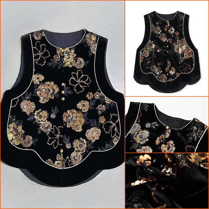spring new national style new Chinese temperament vest light luxury sequins embroidered mulberry silk vest women MZ093