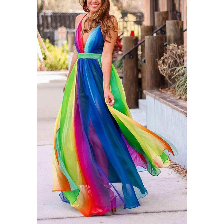 2025 New new spring and summer 2025 Popular trade women's long dress sexy deep V rainbow mesh suspender, dress