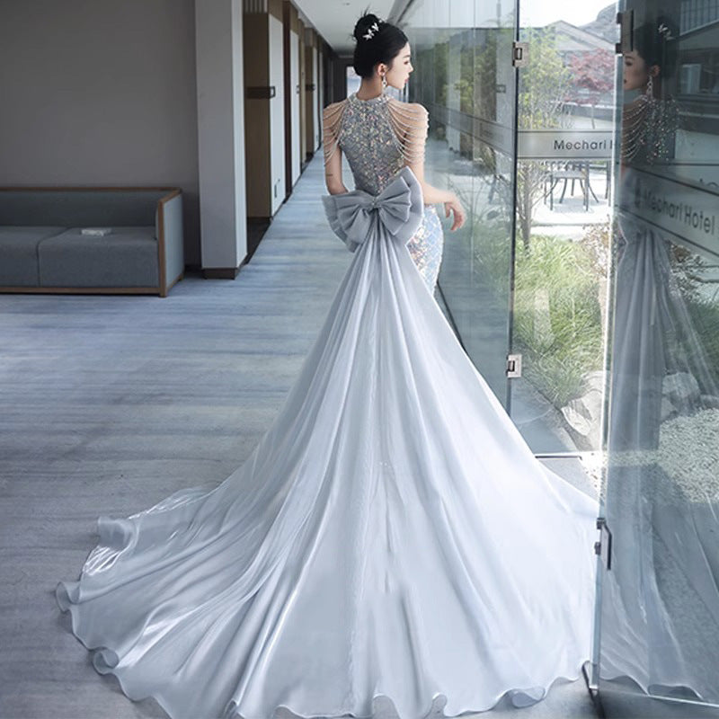 LOVERCCR High-End Evening Dress for Women High-End Affordable Luxury Banquet Host Trailing Wedding Dress Fishtail Sexy Halter Long Dress