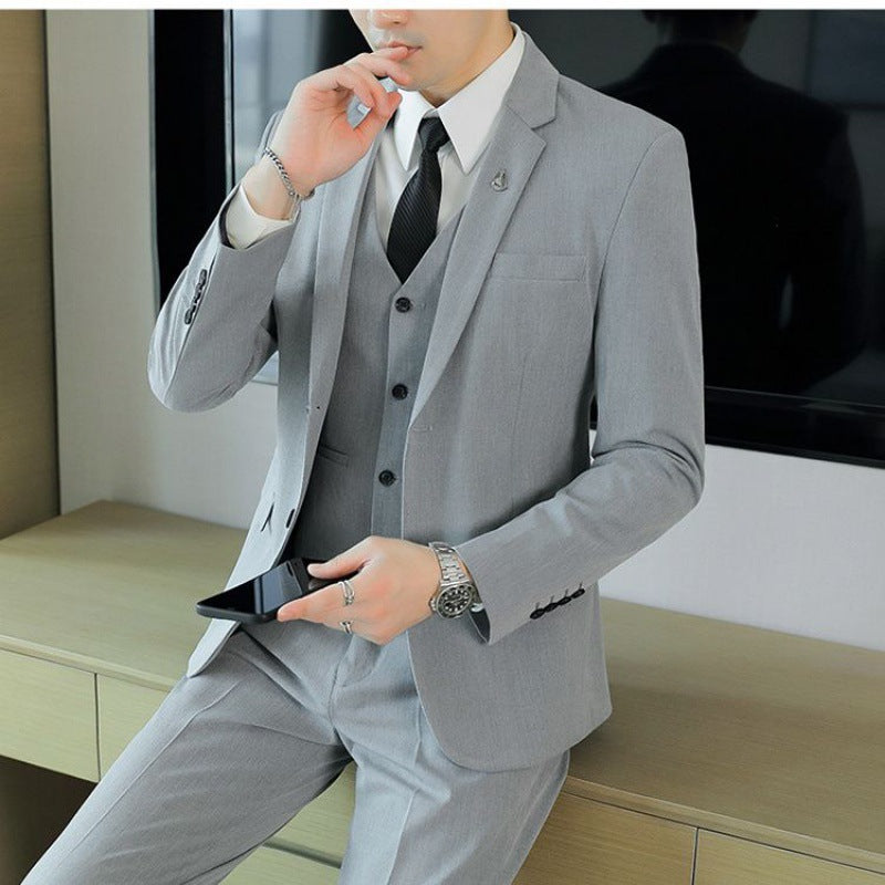 LOVECCR Formal Wear Gray Two Buckle Suit Suit Men's Three-Piece Suit Men's Business Casual Suit Korean-Style Slim Fit Groom Dress