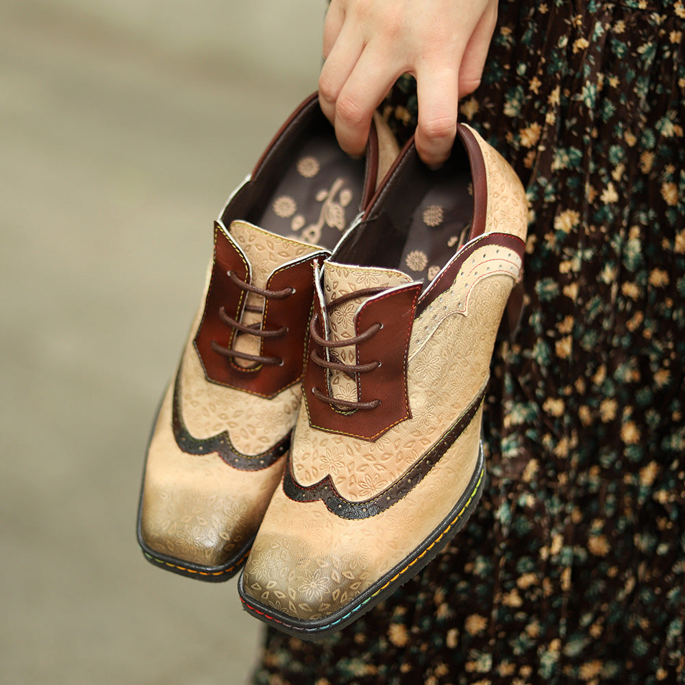 loveccr Cross-Border New Arrival in Stock Genuine Leather Vintage Style Contrast Color Brogue Casual Women's Chunky Heel High Heels