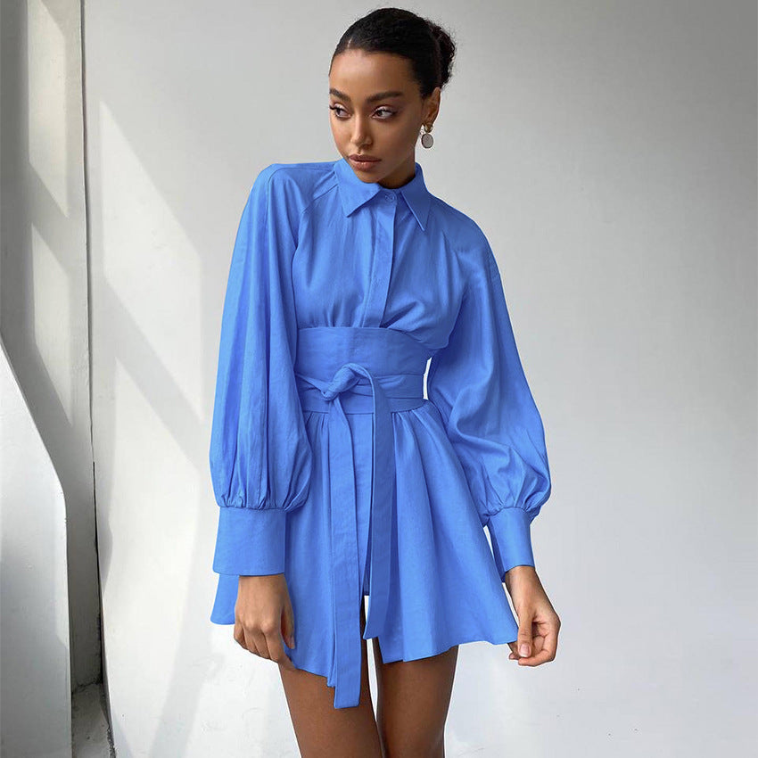 2025 autumn long-sleeved short skirt temperament commuter shirt skirt pure cotton niche dress fashionable Popular trade women's clothing