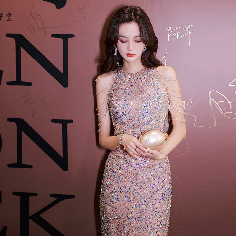 LOVECCR Evening Dress Banquet Temperament Light Luxury Minority Host Halter Socialite Design Sense Fishtail Sequins Dress