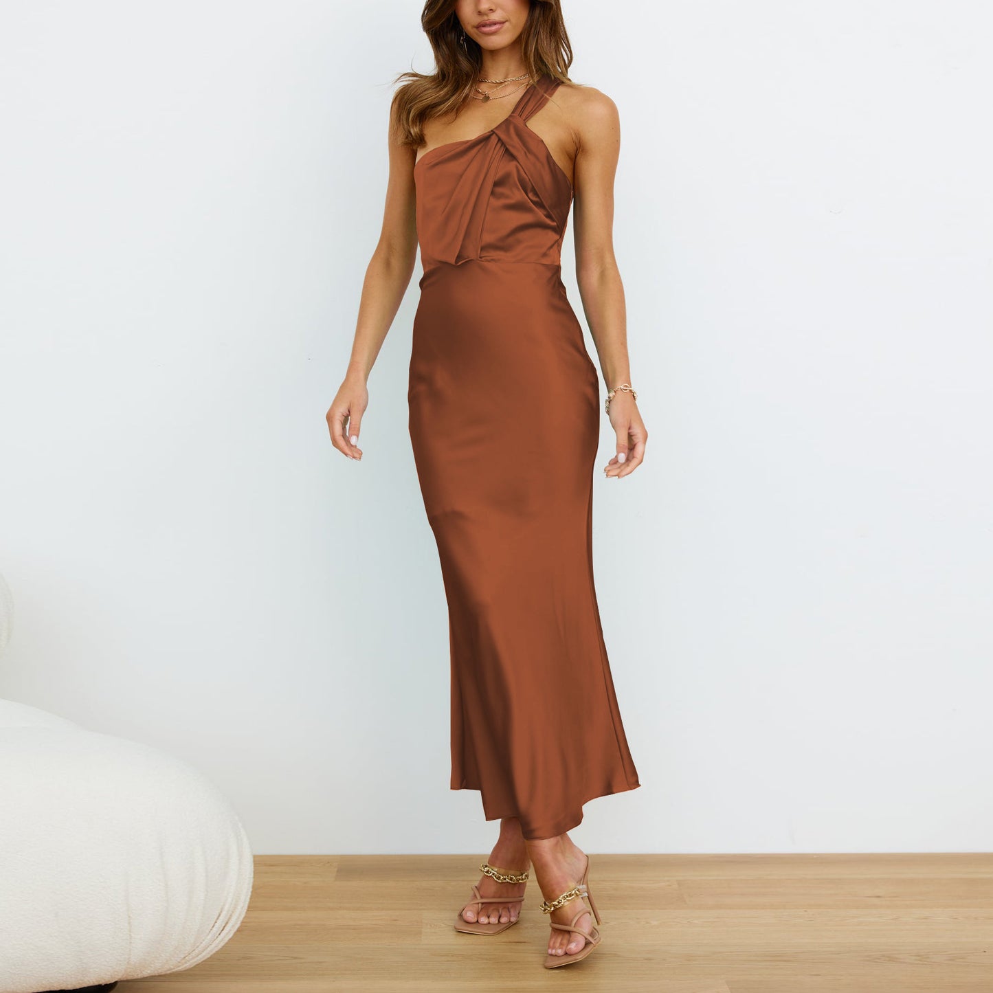 LOVERCCR Cross-Border New Acetate European and American Women's Clothing Elegant One-Shoulder Satin Toast Dress Bridesmaid Dress Slim Fit Dress