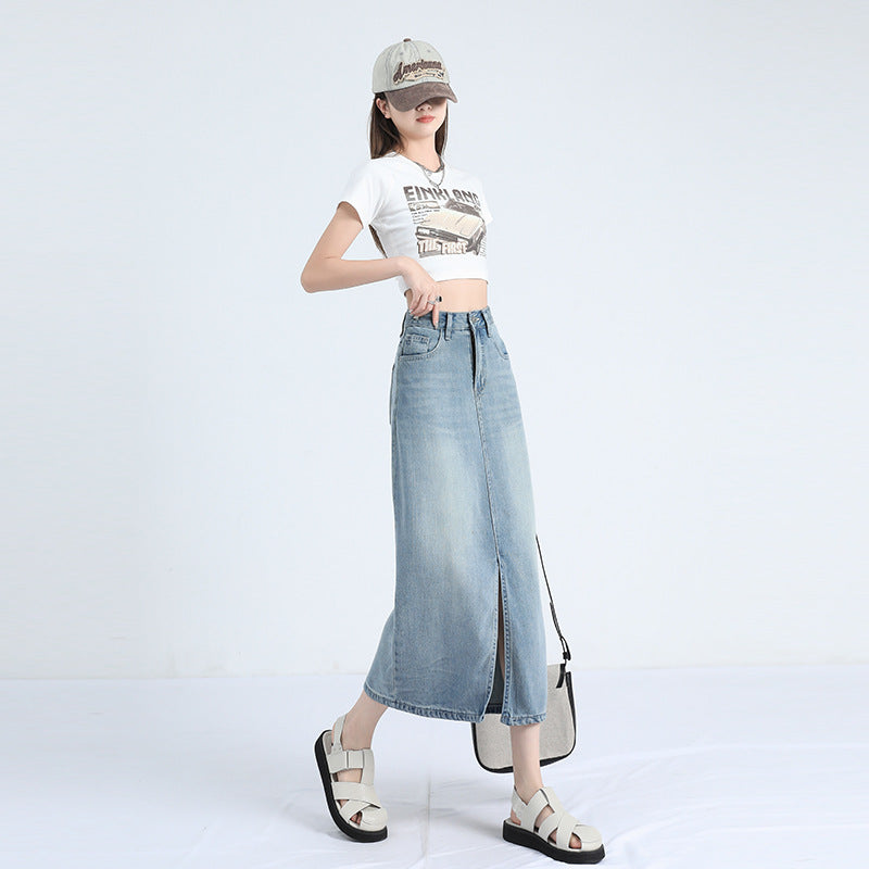 Lyocell Denim Skirt Women's Summer Thin High Waist Loose Split Ice Silk A- line Medium Long Sheath Skirt