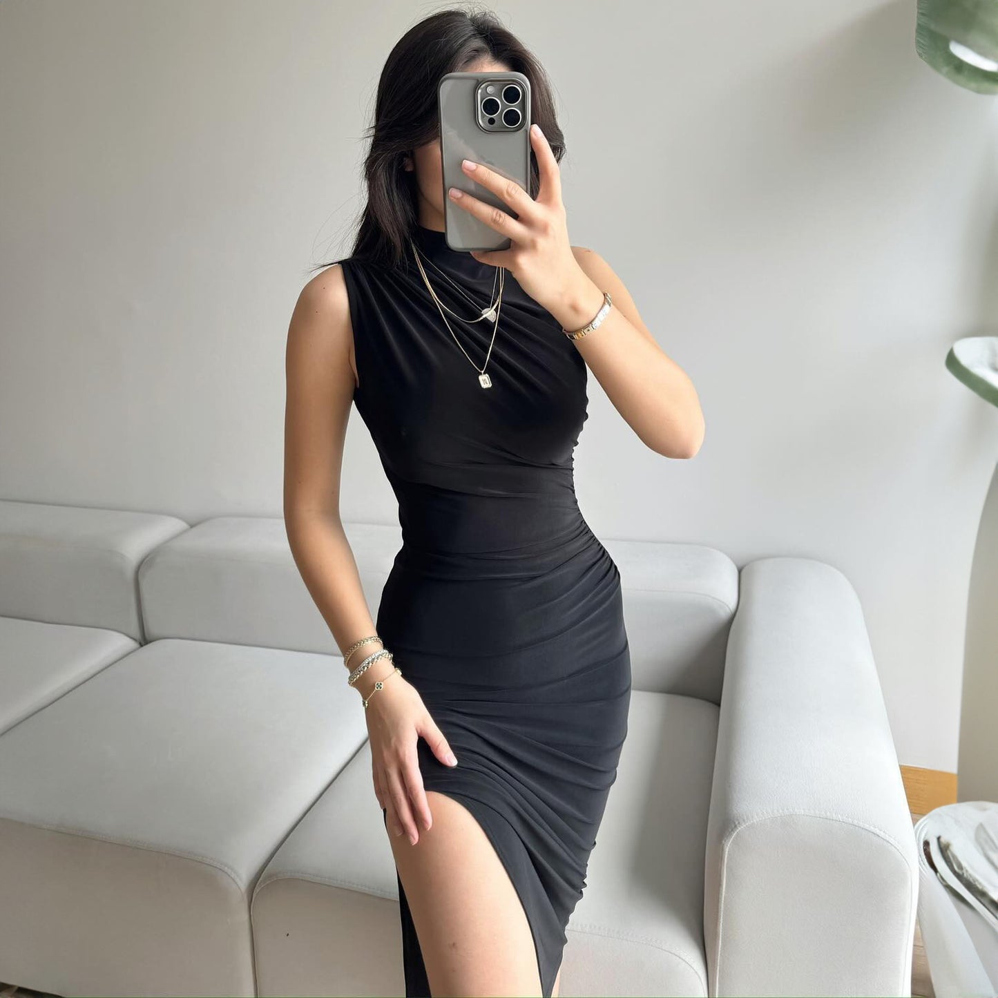 LOVECCR style cross-border summer new solid color split fork high waist slim fit sexy sleeveless long women's dress