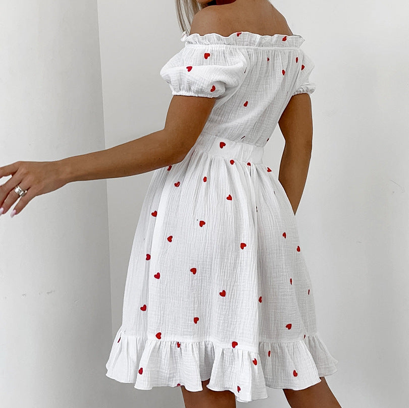2025 Spring new love printing cotton and linen one-word neck bubble sleeve high waist dress popular fashion short skirt women