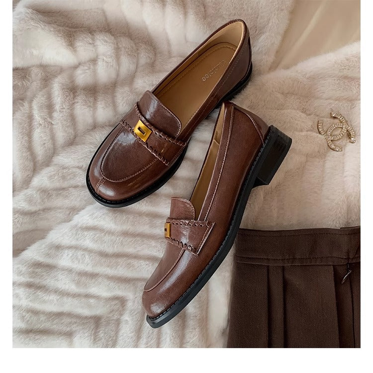 2025 Cowhide version~ British style leather one-pedal versatile loafers women's new retro thick heel low heel small leather shoes