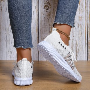 loveccr Foreign Trade plus Size Leisure Sneaker Female HOTan and NEWn New Flying Woven Wedge round Head Lace-up Women's Breathable Mesh Shoes