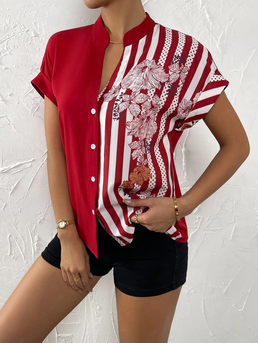 2025 Popular, , New women's clothing summer new double-spell contrasting color flower button cardigan short-sleeved shirt women