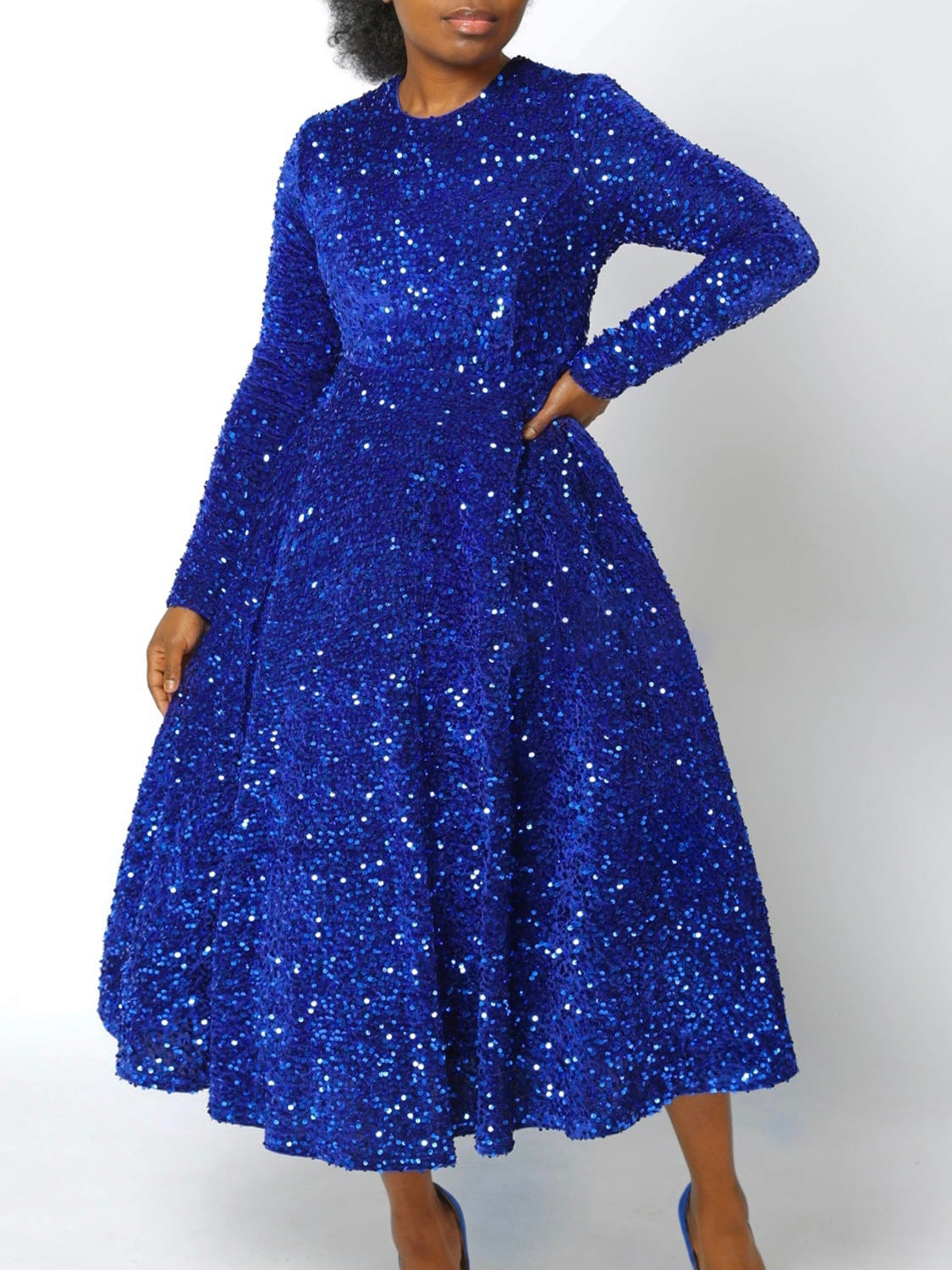 LOVERCCR D469 Cross-Border New Arrival Women's round Neck Long Sleeve Pure Color Sequins High Waist Temperament Mid-Length Formal Dress European and American Style Dress