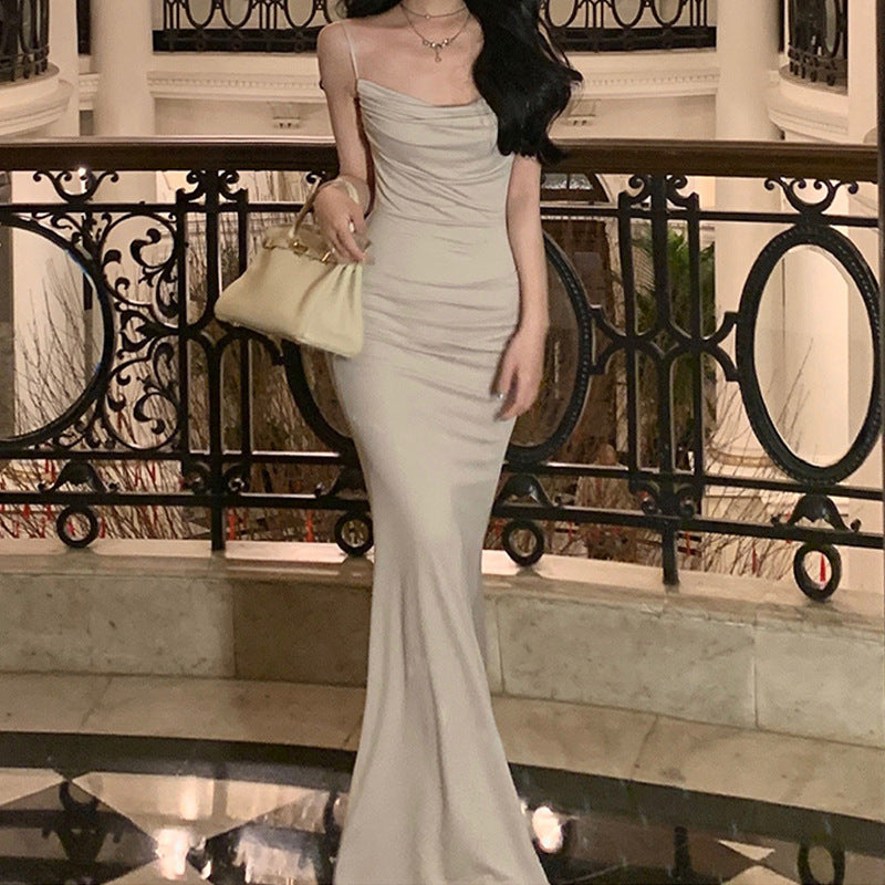 LOVECCR Jinqian White Strap Dress Women's Spring and Summer New Elegant Adult Lady like Woman Style Sheath Long Skirt Swing Collar Fashion