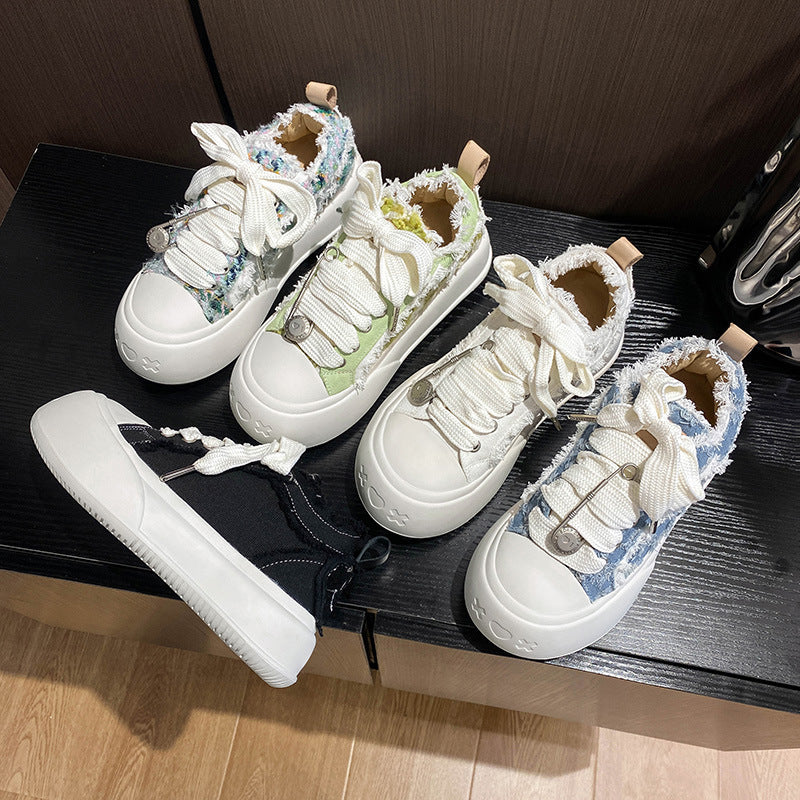 loveccr Zhao Lusi Star Same Style round Head Thick Bottom Bubble Shoes Female New Super Soft Lace-up Beggar Shoes Easy Wear Borad Shoe