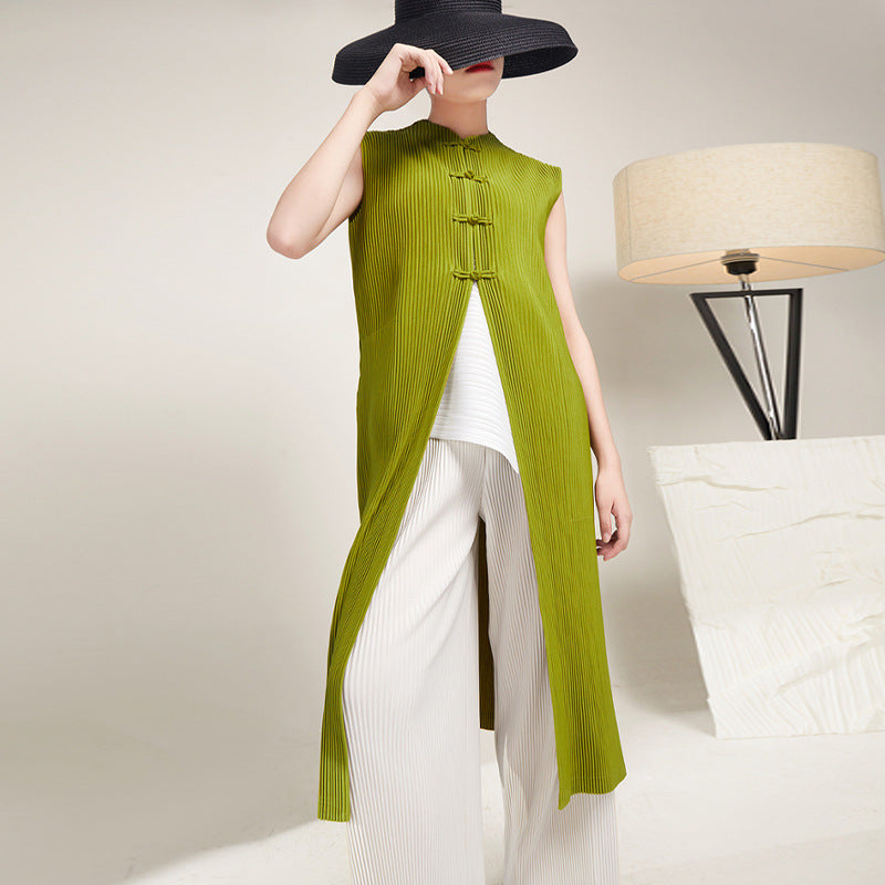 2025 sleeveless trench coat vest long slim and thin versatile split pleated retro Chinese coat female autumn