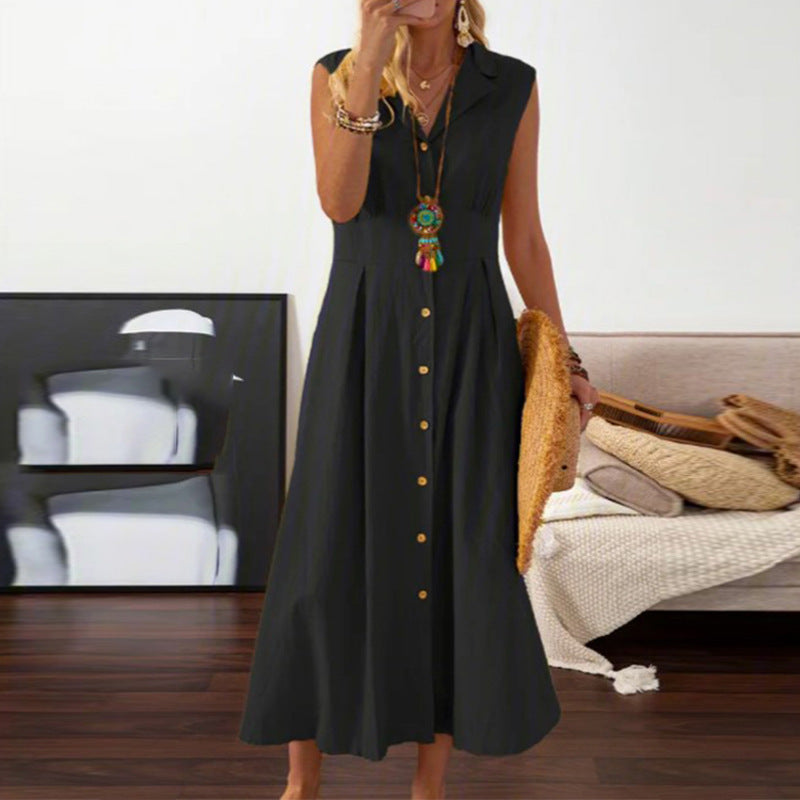 LOVECCR European American Summer New Skirt Lapel Women's A- line Vintage Cotton Linen Long Dress