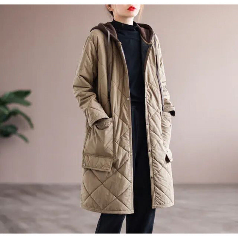 popular autumn and winter new medium and long versatile cotton clothes fashionable and simple diamond thickened jacket hooded splicing cotton-padded clothes women