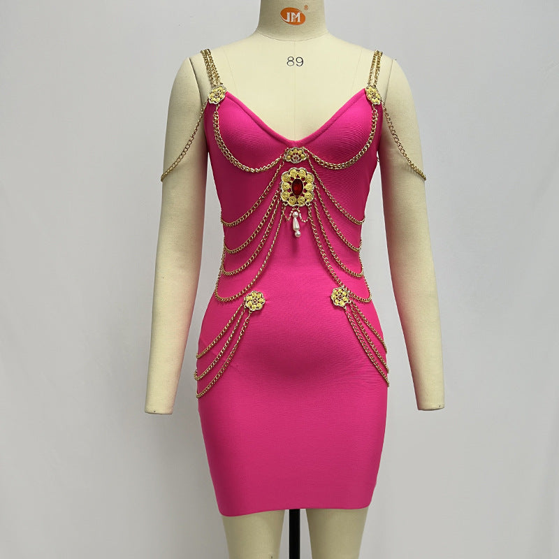 LOVECCR European and American Tide Brand Women's Clothing Dress High Quality Heavy Industry Gold Chain Sexy Bandage Evening Dress