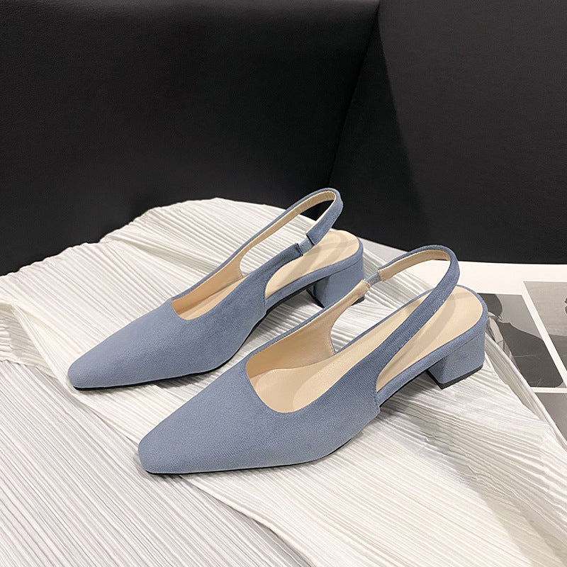 loveccr Red Pointed Toe High Heel Sandals for Women New Closed Toe Chunky Heel Not Tired Feet Simple Fashion Back Hollow Suede Sandals