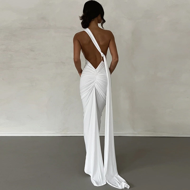 LOVECCR 2025 style women's clothing Hot summer new product slanted shoulder sexy slim backless pleated hollow strap long dress