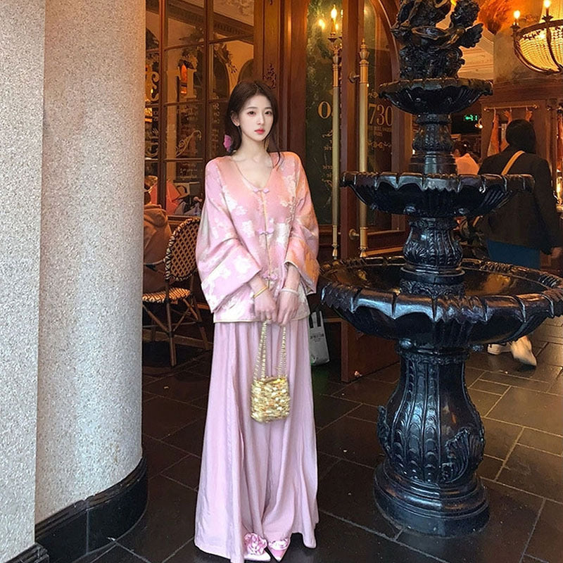 spring new new Chinese light national style ultra loose split wide leg pants simple light luxury straight pants M4120