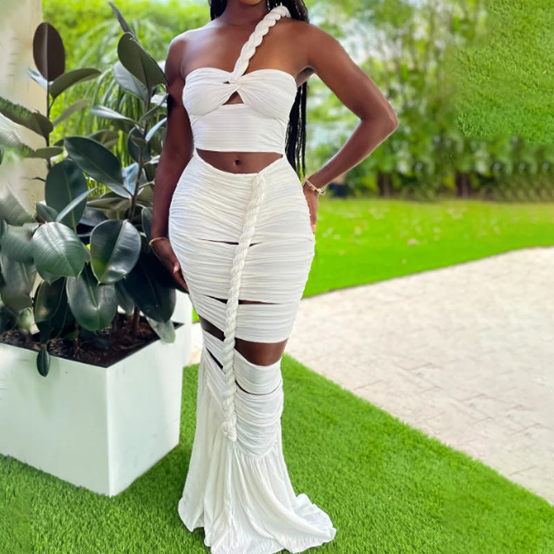 LOVERCCR Summer New One-Shoulder Hollow Design Twist Pleated Slim Slimming Bandage One-Piece Dress Women's Formal Dress