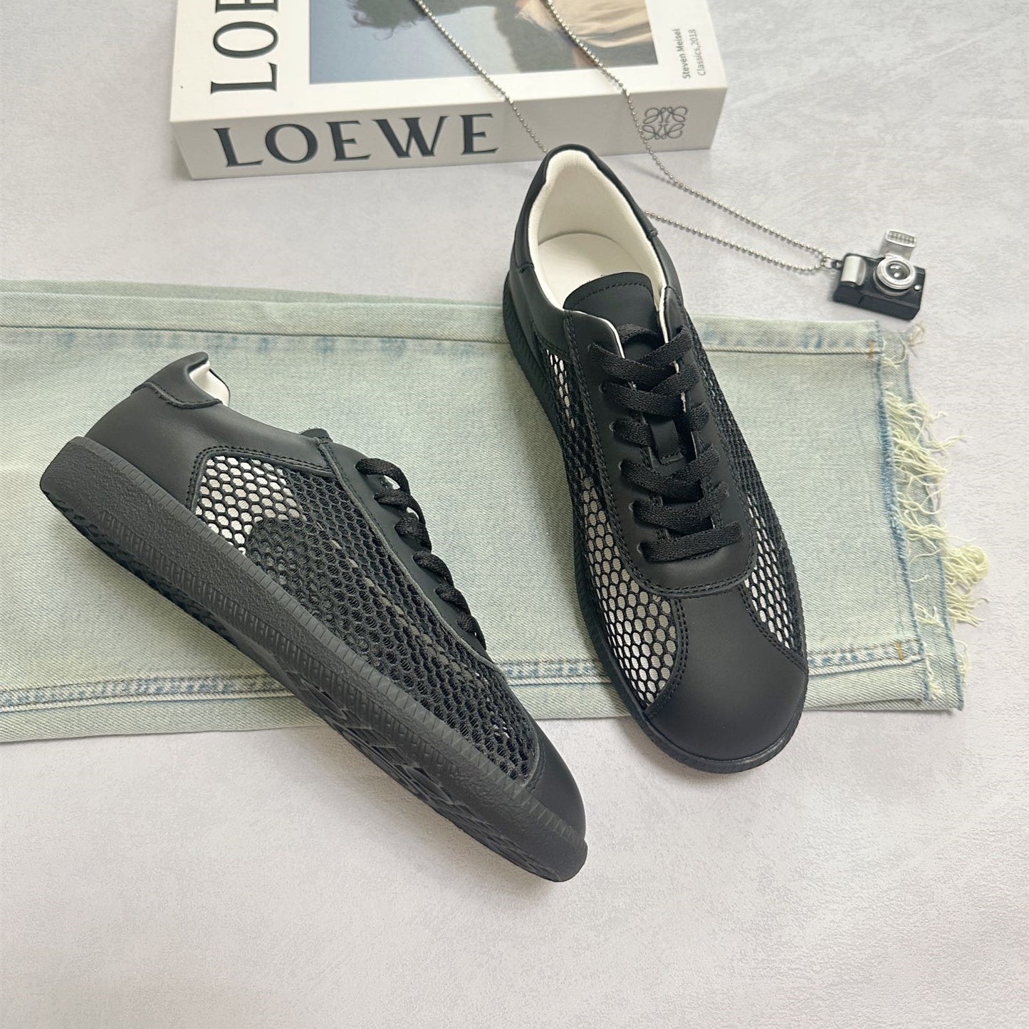 loveccr Women's Genuine Leather Shoes Summer New Fashion Mesh Breathable German Training Shoes Board Shoes Lace-up Sports Casual Shoes