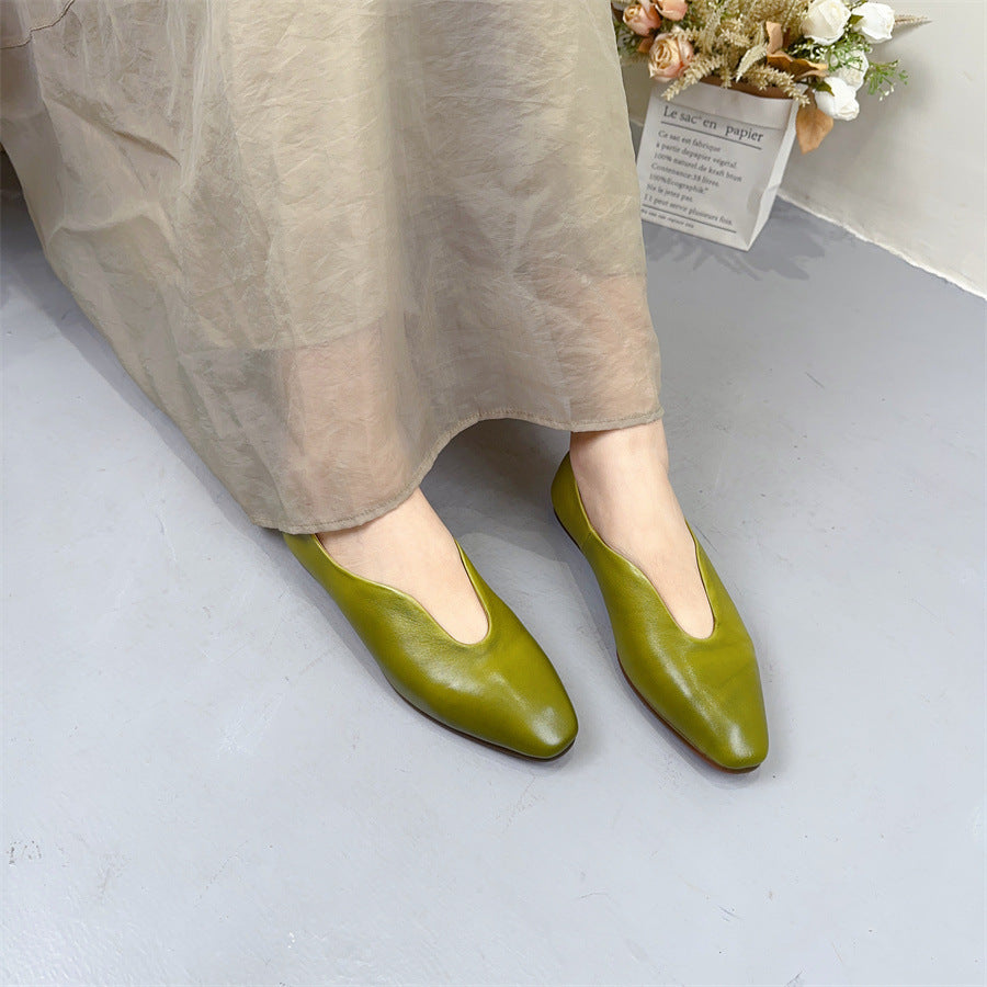 loveccr Women's Leather Shoes Princess Pavilion Summer New Retro Genuine Leather Stylish Pumps Women's Flat Heel