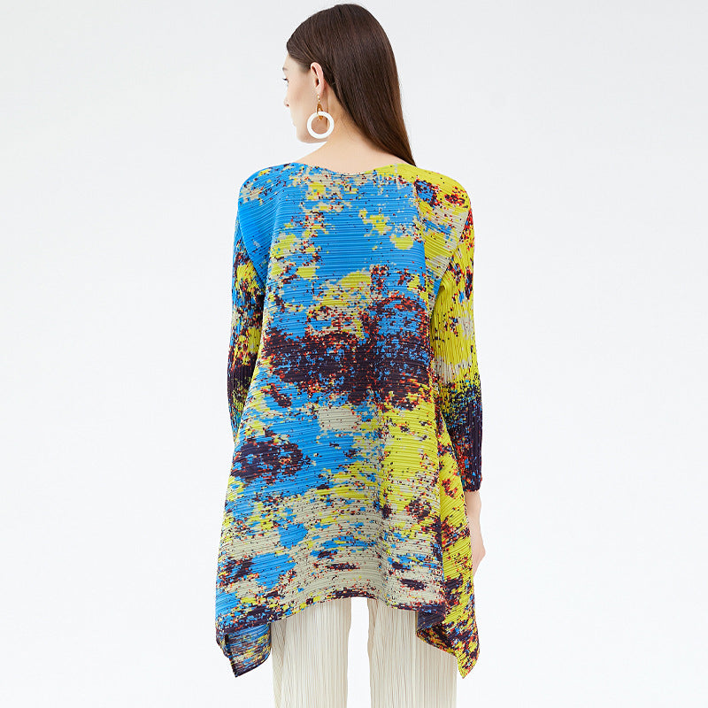Miyake spring new irregular contrasting color long-sleeved casual niche top women's starry sky printing fashion T-shirt