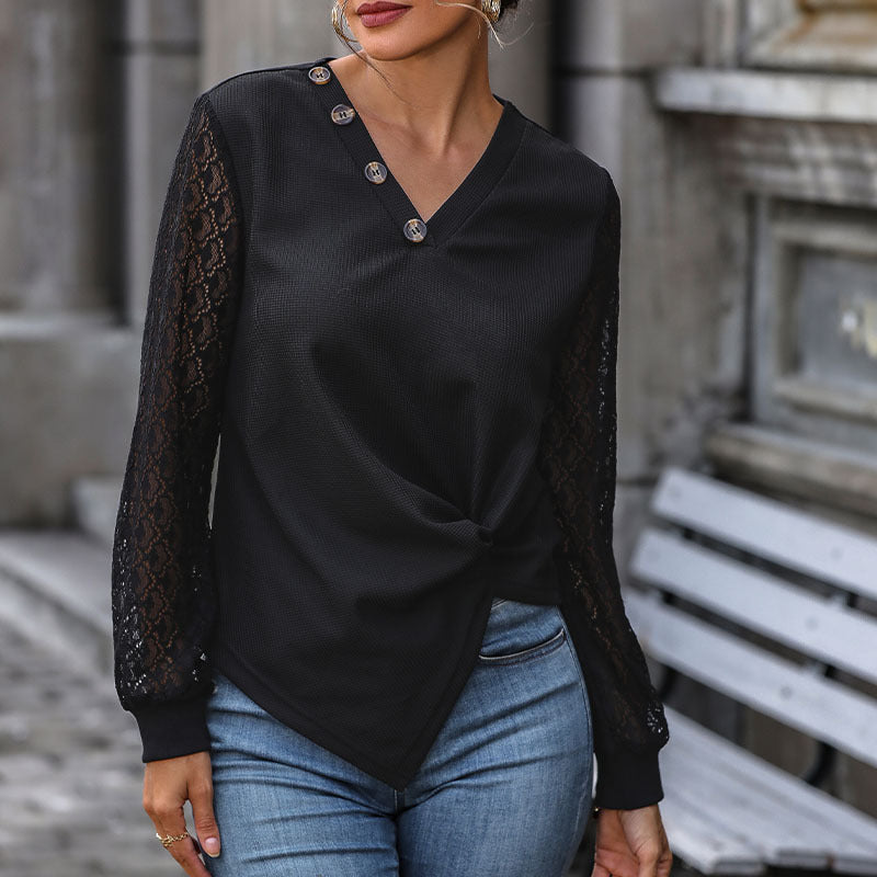 LOVECCR 2025 women's clothing Hot autumn button V-neck women's T-shirt lace splicing long-sleeved knitted top