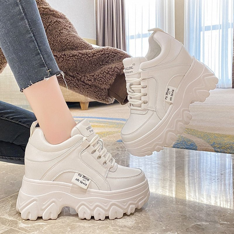 loveccr Platform Heel Height Increasing Insole Dad Shoes Women's Spring and Autumn New Fashion Lace-up Sports Casual Shoes Korean Style Students' Shoes