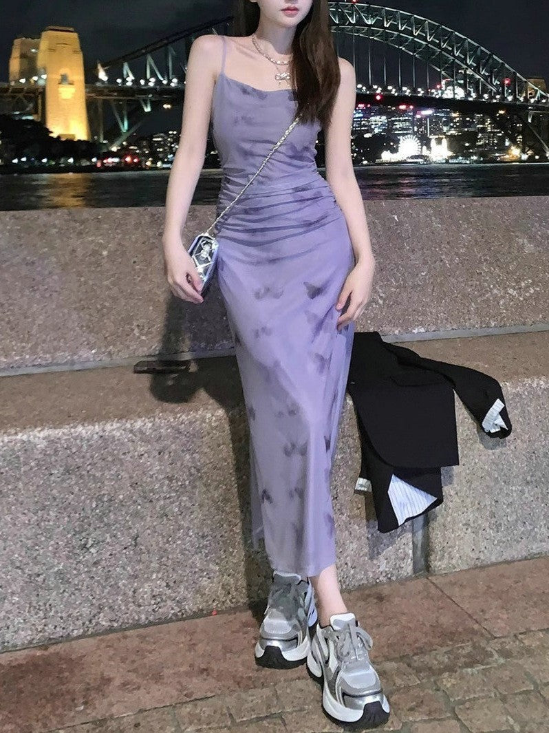 Purple Floral Strap Dress Women's Summer Seaside Vacation Beach Short Skirt Early Spring New