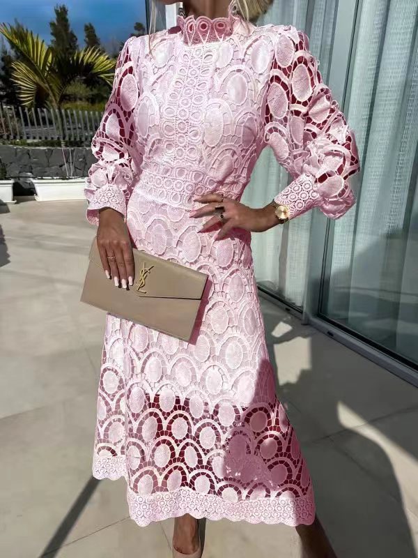 Spring New Style Lace Stand Collar Puff Sleeve Waist Slimming Dress Graceful European and American Long Dress