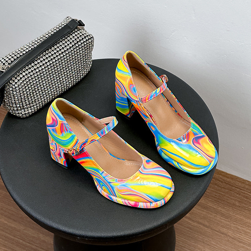 2025 2025 style round head high heels women's 2025 summer new one-word buckle with waterproof table thick heel temperament large size sandals