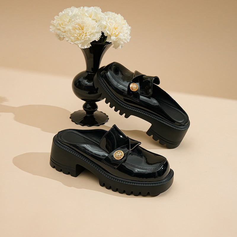 2025 Cowhide version~ New leather bag head half drag women's summer new sandals loafers wear thick-soled lazy small leather shoes