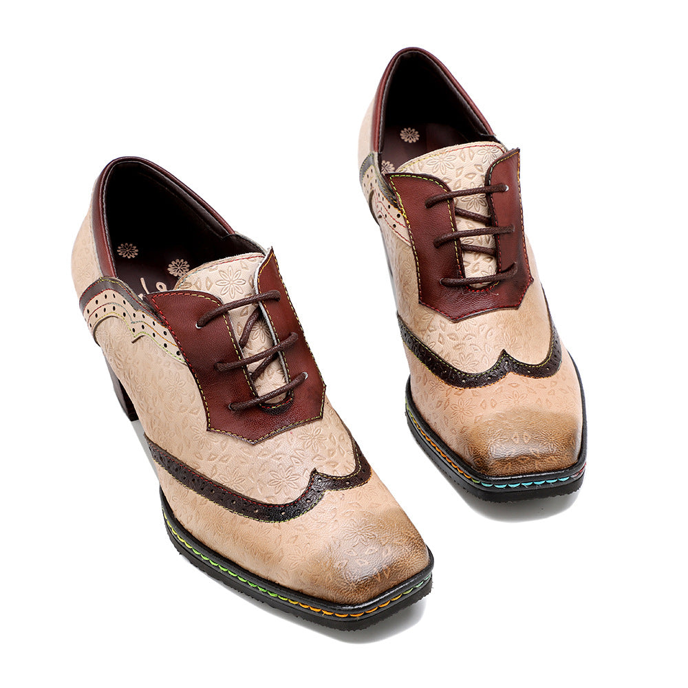 loveccr Cross-Border New Arrival in Stock Genuine Leather Vintage Style Contrast Color Brogue Casual Women's Chunky Heel High Heels