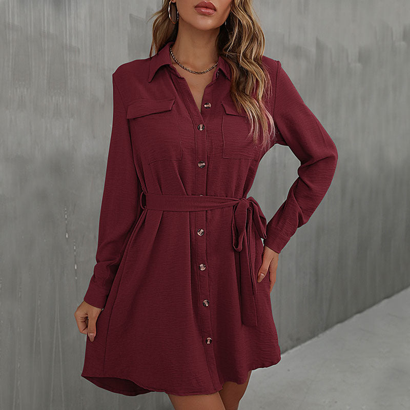 LOVECCR Hot autumn 2025 cardigan shirt lapel women's commuter lace-up shirt dress
