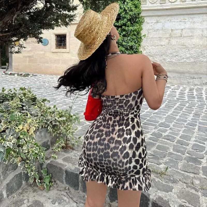 LOVECCR style Hot summer new leopard print lace-up halter sexy slim hip skirt wholesale