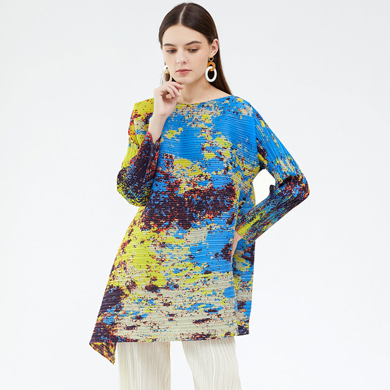 Miyake spring new irregular contrasting color long-sleeved casual niche top women's starry sky printing fashion T-shirt