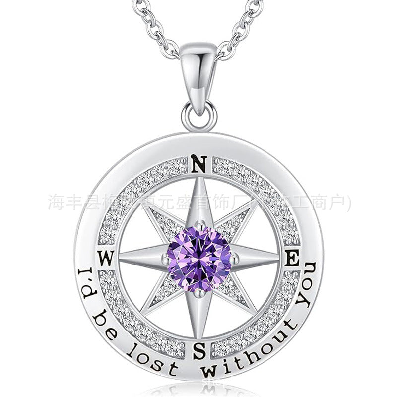 HOT and NEW Cross Border S925 Sterling Silver Compass Compass Necklace Female Twelve Birthstone Pendant Clavicle Chain