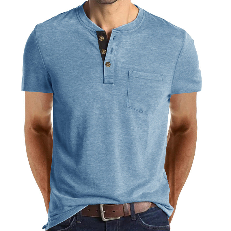 Summer European and American Men's Short-Sleeved T-shirt Foreign Trade Men's Henry T-shirt Cross-Border Clothing round Neck Top